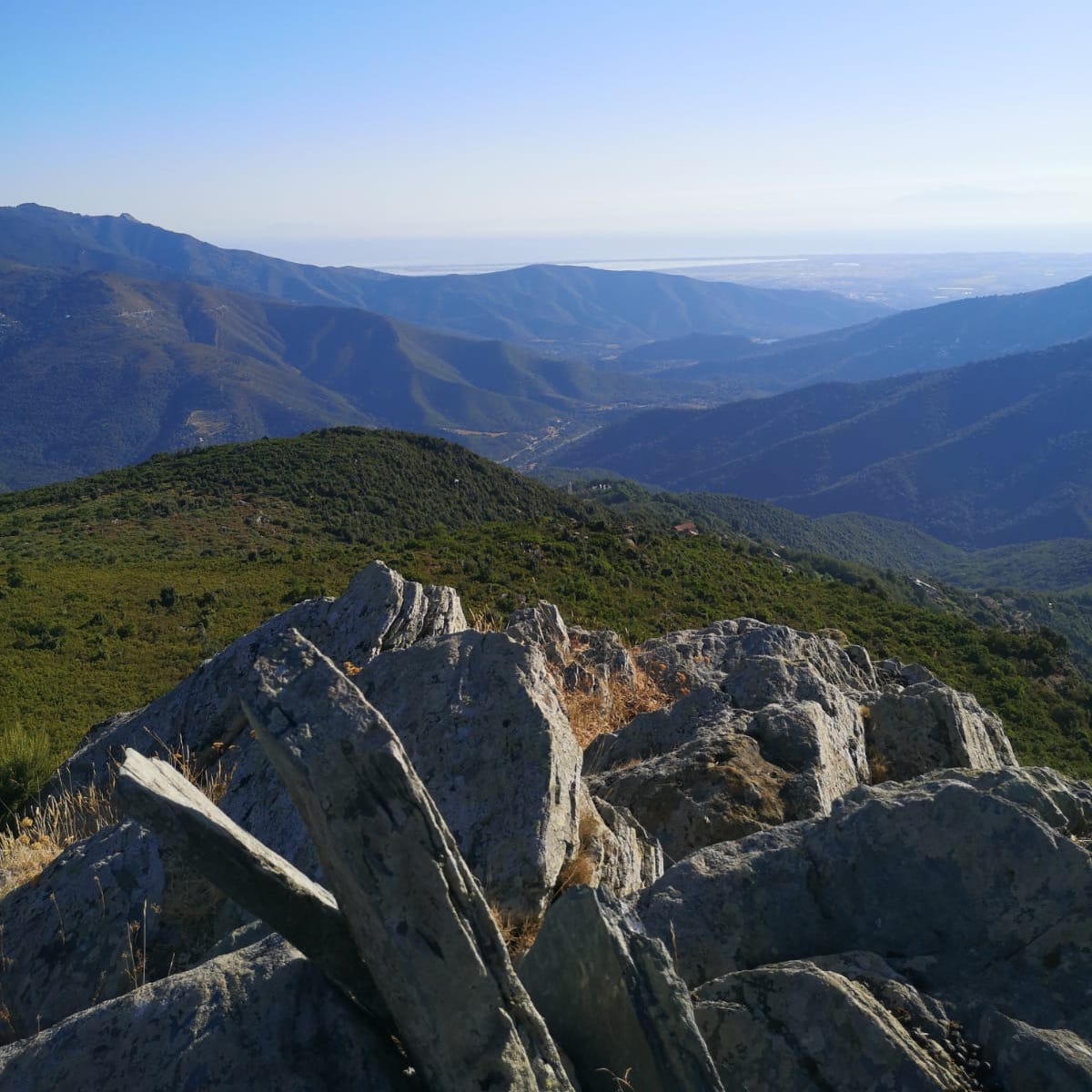 Nous sommes sur le Monte Castellare. Le panorama est éblouissant. Une belle récompense après les quelques 3km d&amp;#039;ascension. À l&amp;#039;Est, la vue est dégagé sur la méditerranée et à l&amp;#039;Ouest se dessine les hautes montagnes corses prenant racines dans la vallée du Golo.